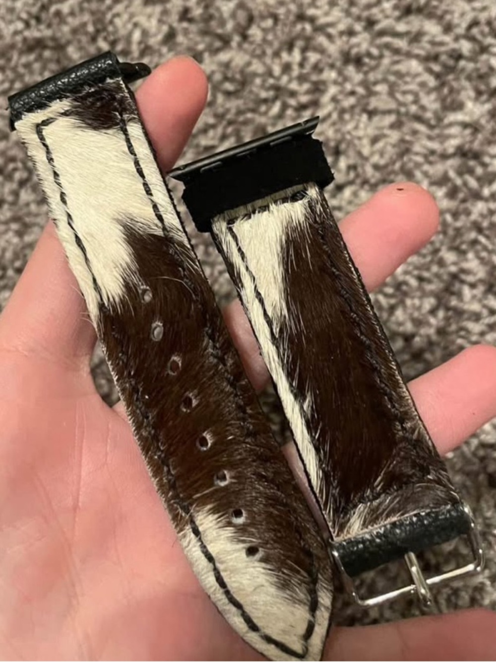 Cowhide Hair-On Leather Watch Band - Brown & White